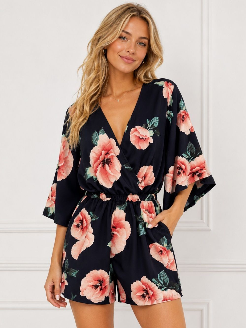 Everly Black Floral Romper with Pink Flowers
